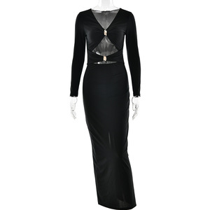 V-neck Hollow-out Long Sleeve Bodycon Dress <b>Full</b> <b>Length</b> Slim Fit Evening Dress - Product Image 5