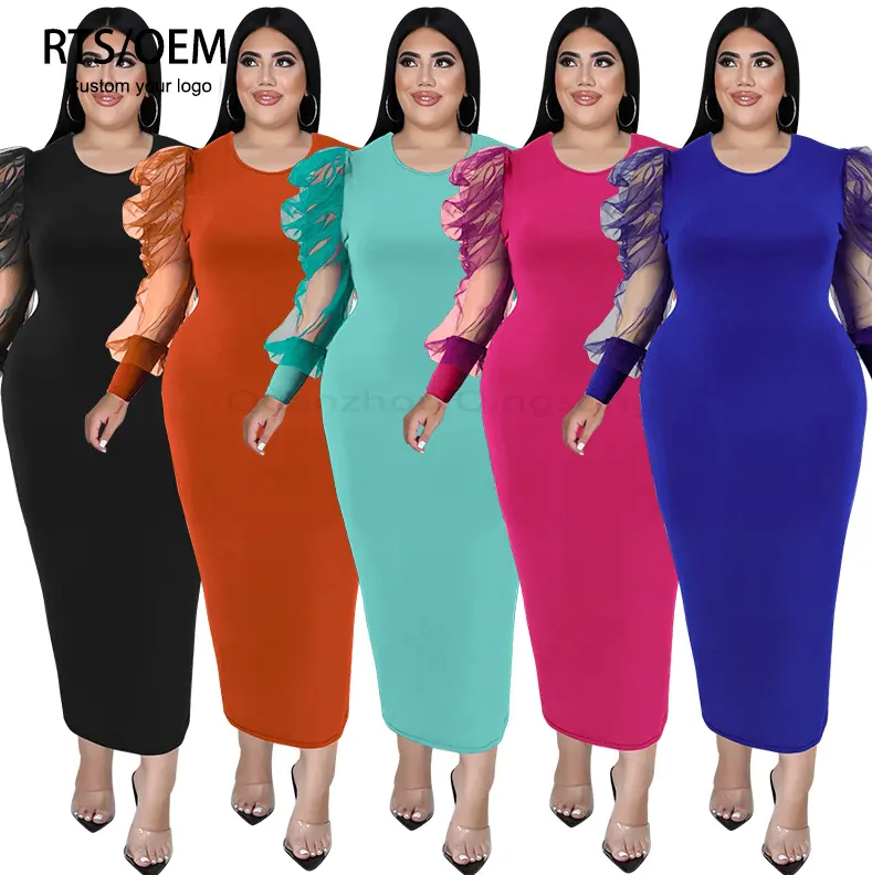 2023 Summer Custom New Arrivals XL-5XL Plus Size Office Dress Mesh Patchwork Long Sleeve Elegant Dress Women Casual Dresses