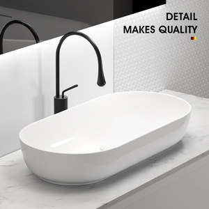 Lavabo Ovalado <span class=keywords><strong>de</strong></span> Cerámica Moderno Personalizado con un Solo Orificio, Estilo Crema Amarillo, para Baño, Balcón o Lavadero - Product Image 5