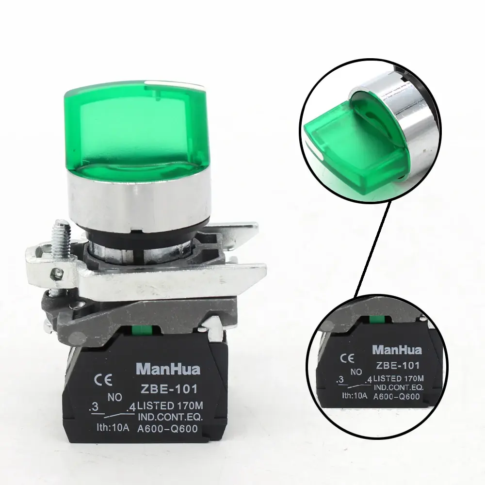 ManHua XB4-BK33M3 10A สวิทช์ลูกบิดส่องสว่างสีเขียวปุ่มกลสวิทช์มือจับมาตรฐาน