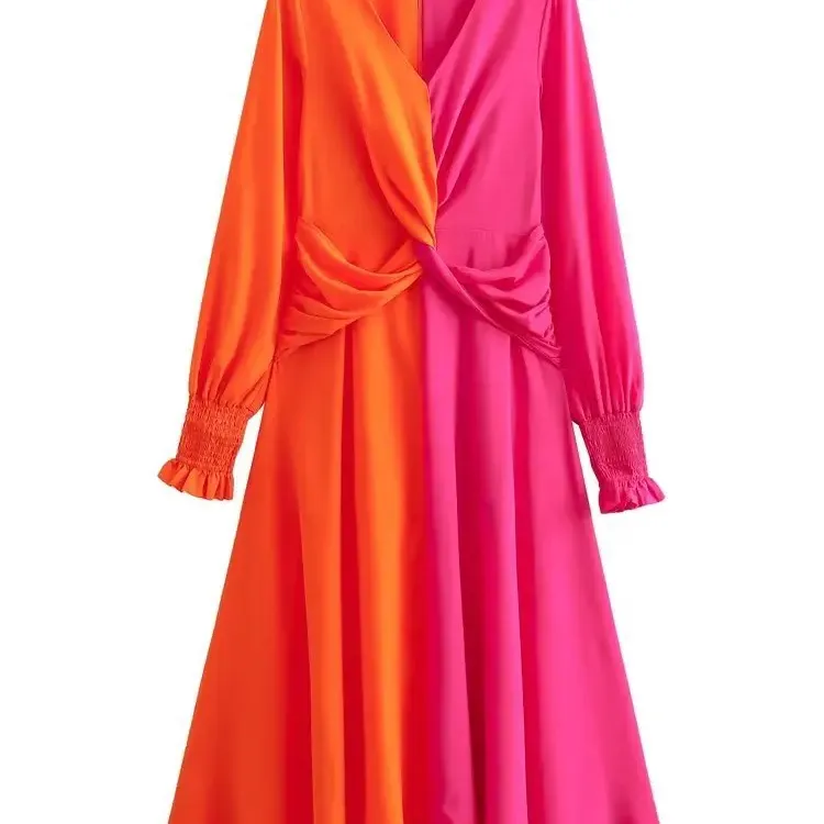 Gaun V-Neck kasual wanita gaya Amerika Eropa mode baru warna cocok lengan panjang gaya longgar kain pengemasan tenun