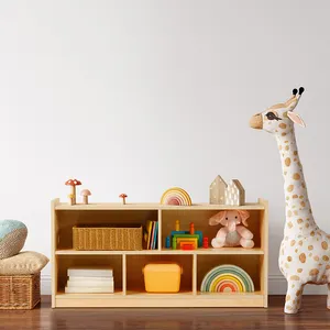 Estante de almacenamiento de exhibición de juguetes de madera para niños, estantería de jardín de infantes Montessori con 5 contenedores de almacenamiento
