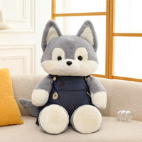 Boneka Anjing Husky Lucu Berbahan Plush dengan Overall Denim, Boneka Hewan Isi Lembut dengan Bordir Bintang, Hadiah untuk Anak dan Dekorasi Rumah