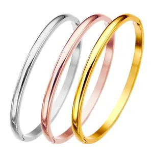 18k Gold Plated 4mm Wide Plain Glaze Stainless Steel Elegant Bangle For Women Rose Gold Titanium Steel Non Fading Jewelry