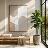 Peinture murale abstraite texturée en relief, rose blush gris, peinture à motifs 3D avec cadre doré