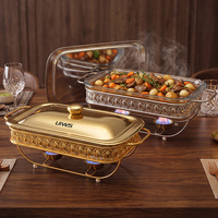 Luxus Gold Eisen rahmen Chafing Dish Hotel Restaurant Lebensmittel Heiz behälter Quadrat Glastopf Alkohol Heizung Chafing Dish