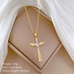 Stainless Steel Chain Copper CZ Zircon Inlay Wing Cross Pendant Necklace Luxurious Elegant Women's <b>Choker</b> Necklace - Product Image 5