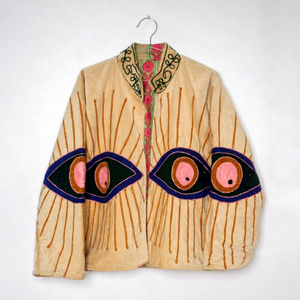 Giacca Artigianale in Velluto Beige Stile Suzani con Motivo Occhio del Diavolo Ricamato, Reversibile, Riscaldata, Vintage Boho, Kimono Invernale Unisex in Velluto - Product Image 1