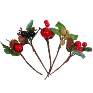 5 Stuks Kerst Dennenappels Kunstmatige Dennenappels Gedroogde Bloem Bessen Mini Kerstboom Bloemenkransen Stengels Kegels Hout Plastic