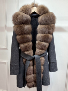 Janveny-<span class=keywords><strong>Manteau</strong></span> en fourrure de cachemire pour <span class=keywords><strong>femme</strong></span>, avec poche en <span class=keywords><strong>laine</strong></span>, long col en fourrure naturelle, surdimensionné, double face - Product Image 2