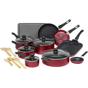 Rojo aparatos de cocina antiadherente utensilios de cocina conjunto olla sartén vapor juego de sarten