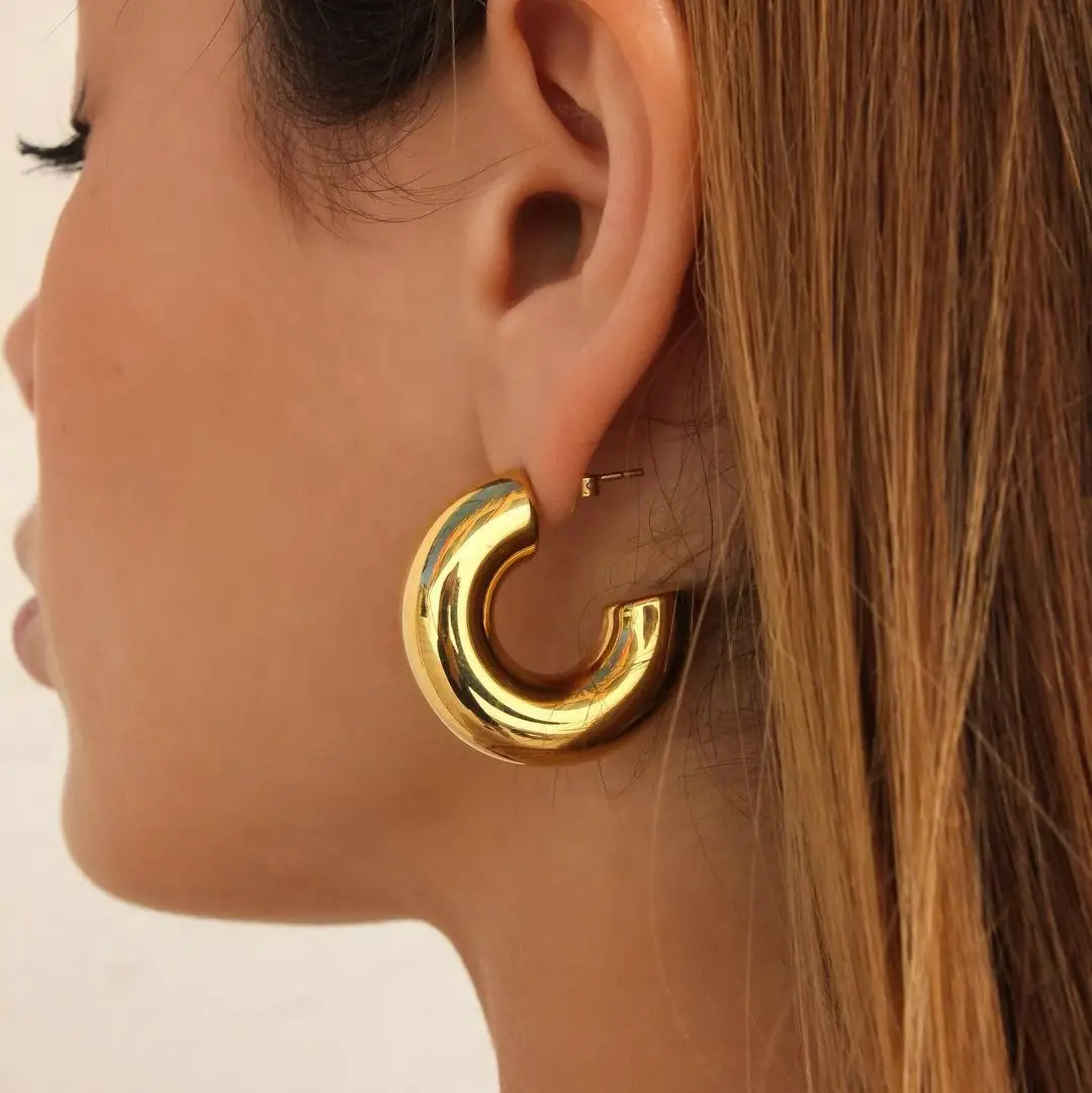 Simple CC earrings womens stainless steel jewelry hollow gold hoops statement chunky hoop earrings