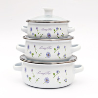 Ensemble de casseroles en émail à motifs floraux personnalisés, 3 pièces, ustensiles de cuisine en métal, commande minimum de 100 pièces pour le camping