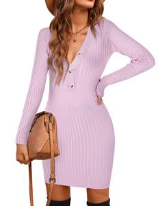 Robes mini <span class=keywords><strong>pull</strong></span> sexy à manches longues et col en V en tricot côtelé pour femmes - Product Image 4