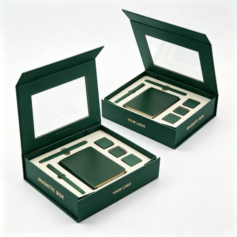 Custom logo Green Wallet Gift Box with clear Window Soy Ink Embossed ...