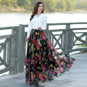 Pabrik Digital Cetak Bunga Rok Panjang untuk Wanita Maxi Cetak Bunga Rok Pantai Wanita Chic Vintage Ukuran Plus Rok Maxi