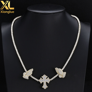 European American Vintage S925 Silver Moissanite <b>Cross</b> Praying Hands Tennis <b>Chain</b> Custom Hip Hop Men's Necklace - Product Image 3