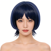 Perruque Cosplay Wanderer Bleue à Pompon, Fibre Haute Température Résistante à la Chaleur, Cheveux Courts et Raides, Anime, Densité 150%, Ligne de Cheveux Naturelle