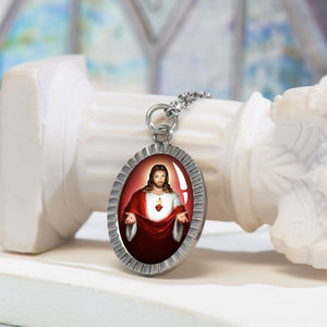 GIVELUCK 기독교 신성한 마음 예수 여성의 종교 펜던트 목걸이 타원형 봉헌 메달 빛나는 프레임 스테인레스 스틸 - Product Image 1