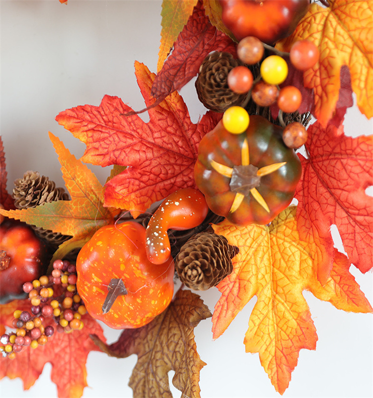 Pumpkin Maples Leaf Pine Cone  Wreath for Halloween Front Door Decoration