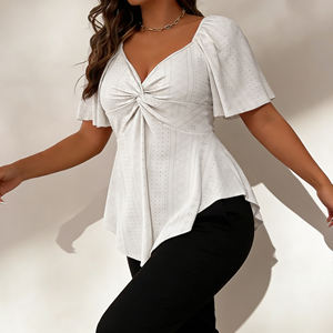 Blusa Peplum Blanca Real de Elegancia Moderna 2026 de SWEET BABE, Personalizable, para Mujer, Manga Corta, Cuello en V, Tela con Ojales, Parte Delantera Fruncida - Product Image 6