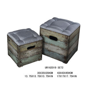 INNOVA HOME Tabouret de rangement carré empilable en bois, style rustique vintage, avec assise en tissu à housse amovible, pour entrée scolaire - Product Image 2