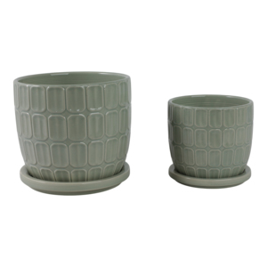 Set di Vasi in Ceramica con Sottovaso, Design Texturizzato per Uso Interno ed Esterno, Fioriere Rotonde - Product Image 3