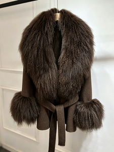 <span class=keywords><strong>Manteau</strong></span> <span class=keywords><strong>court</strong></span> d'hiver Janveny en laine double face pour <span class=keywords><strong>femme</strong></span>, avec col et poignets en fourrure de mouton mongol bouclée, ceinture à la taille, veste chaude en mélange de laine - Product Image 5