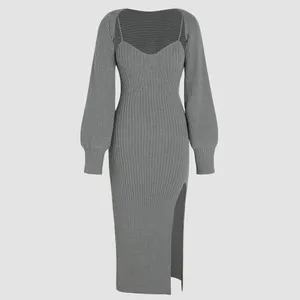 Bestseller Damen zweiteilige Kleidung Sets Polyester Stretchy Solid Knitted Crop Top Cami Split Midi Kleid