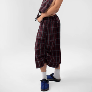 Wholesale High Quality Cotton Custom Women Plaid Elastic Waist Wide Leg Bermuda Shorts Loose Baggy Checkered <b>Culotte</b> Shorts - Product Image 2