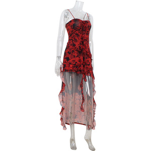 Women's Red Black Rose Print Maxi Dress <b>Spaghetti</b> <b>Strap</b> Asymmetrical Ruffle Hem Dresses Fashion - Product Image 4