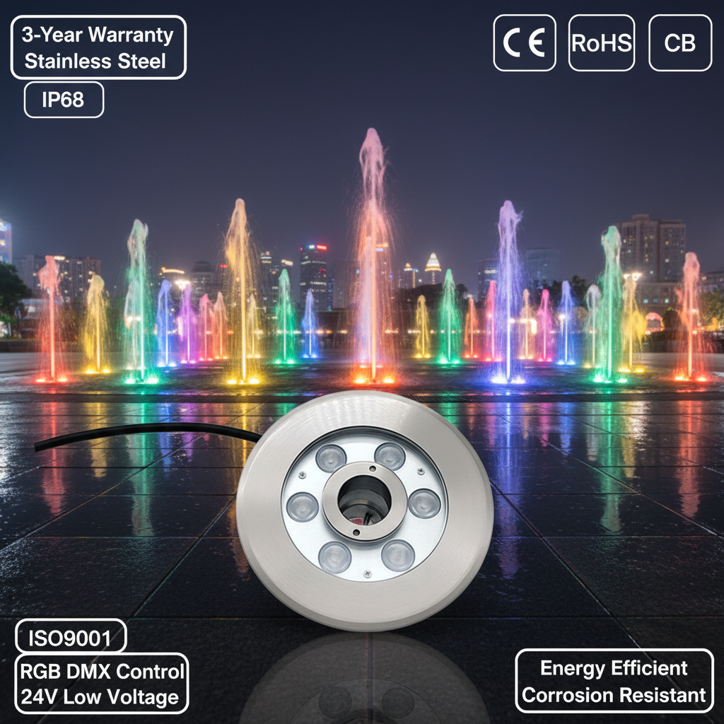 Popular Durable Stainless Steel 304 DC24V DMX RGB LED IP68 Waterproof Underwater & Dry Deck Fountain Nozzle Light