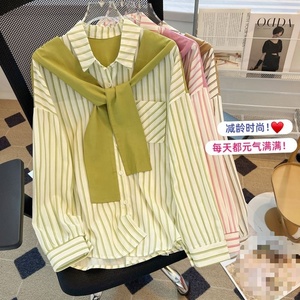 Camicia a maniche lunghe a righe da donna, vestibilità ampia e slim, con sciarpa effetto due pezzi, nuova collezione primavera - Product Image 2