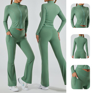 Ensemble de yoga transfrontalier pour femme, haut court à col montant et manches longues, taille haute, dos nu, anti-transpiration, séchage rapide, extensible dans quatre directions - Product Image 6