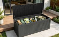 Boîte de rangement extérieure de 103 gallons, boîte de rangement extérieure verrouillable et étanche pour le jardin, bac de rangement pour tuyau d'arrosage, outils de jardin