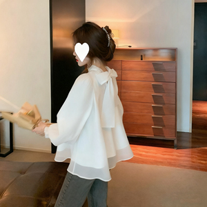 Blusa elegante Organza da donna <span class=keywords><strong>con</strong></span> maniche lunghe a lanterna e <span class=keywords><strong>fiocco</strong></span> ampio in Chiffon per la primavera/estate - Product Image 1