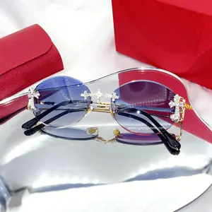 2023 men's Rimless Sunglasses Sun Protection UV Protection Fashion Personality Retro cut lens Rhinestones Oval Sunglasses