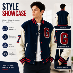 Veste de baseball enduite pour homme, coupe-vent, à capuche, avec numéros et lettres 3D appliqués, manches contrastantes, poignets côtelés et ourlet boutonné - Product Image 3