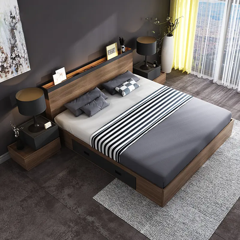 New bedroom set modern adult walnut color bed with storage luxury furniture bedroom bed with mattress