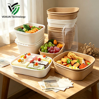 Boîte à lunch en papier kraft avec logo personnalisé de la marque VEIKUN, couvercle, bol à salade jetable, anti-fuite, biodégradable, pour les petites entreprises, à emporter