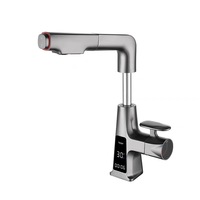 Robinet de lavabo moderne de luxe à poignée unique et à trou unique, à poser sur le plan, finition brossée, eau chaude/froide, cartouche céramique, lumière LED