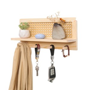 Solid Wood Rattan Storage Rack <b>Wall</b> <b>Mounted</b> Key Holder With <b>Shelf</b> For Entryway Decor Natural Color Rectangle Shape - Product Image 5