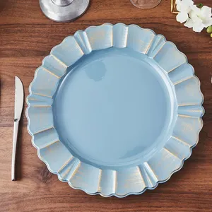Modern Round Dusty Blue Acrylic Plastic Charger Plates With Gold Brushed Wavy Scalloped