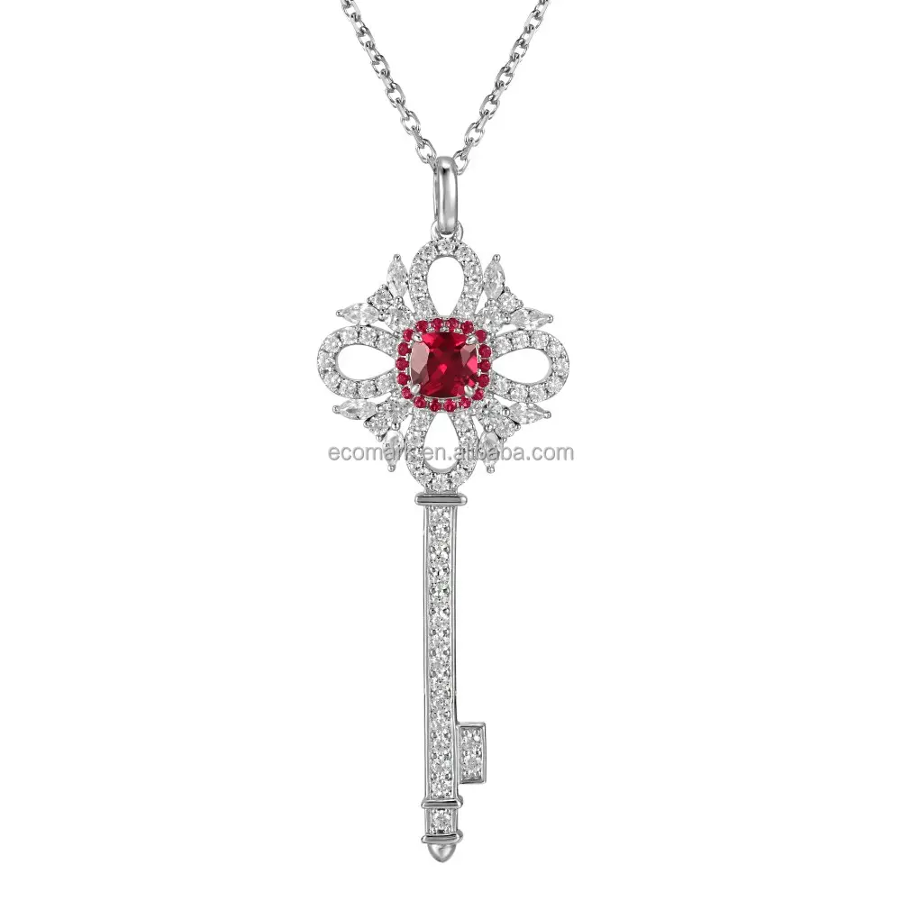 Luxury 925 Sterling Silver lab grown ruby necklace key pendant necklace key necklace
