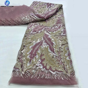 Sinya 5 Yards Thêu Sequins Ren Vải Đẹp Pháp Lưới Đính Cườm Nhung Ren Cho Phụ Nữ Ăn Mặc - Product Image 4