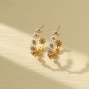 Titanium Steel Earrings C-shaped Daisy Flower Enamel Stainless Steel Stud Earrings Plated 18K Gold For Women's Fashion Jewelry