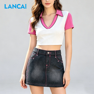 LANCAI Women's 2 Piece Outfit Colorblock Polo V-Neck Crop Top + Pink Stitched Denim Mini Skirt <b>Set</b> Casual Y2K Streetwear Matchin - Product Image 3