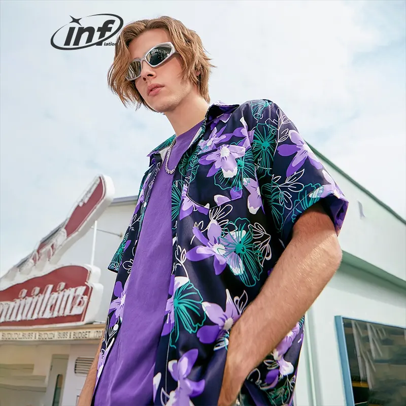 INFLATION Dark Blue Summer Hawaii Short Shirt Lightweight Digital Print Shirt Men