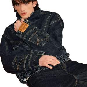 Veste coupe-vent à manches lanternes longues à capuche, style rétro américain, denim vintage lavé, design inversé, pour homme - Product Image 5