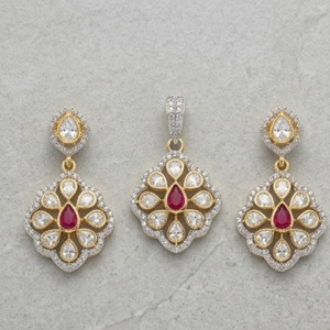 925 Silver <b>Ruby</b> Kundan Polki Pendant Set with Earrings Gold Floral Bridal Jewelry Set Design for Women Elegant Party Jewelry - Product Image 3
